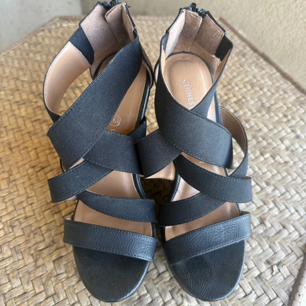 Chinese Laundry Womens Black Strappy Platform Wedge Sandals Size 6M Rear Zip
